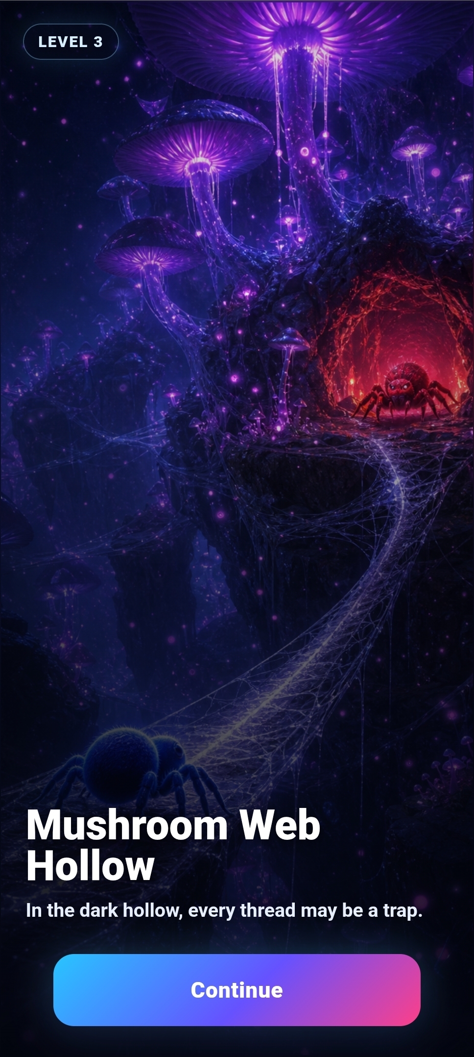 Mushroom Web Hollow — a glowing level intro from Annoying Spider