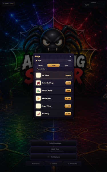 Shop — buy new wings, spiders, and hats
